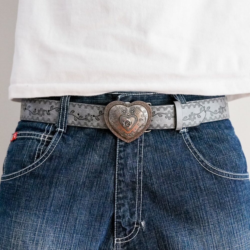 y2k heart gray western floral belt